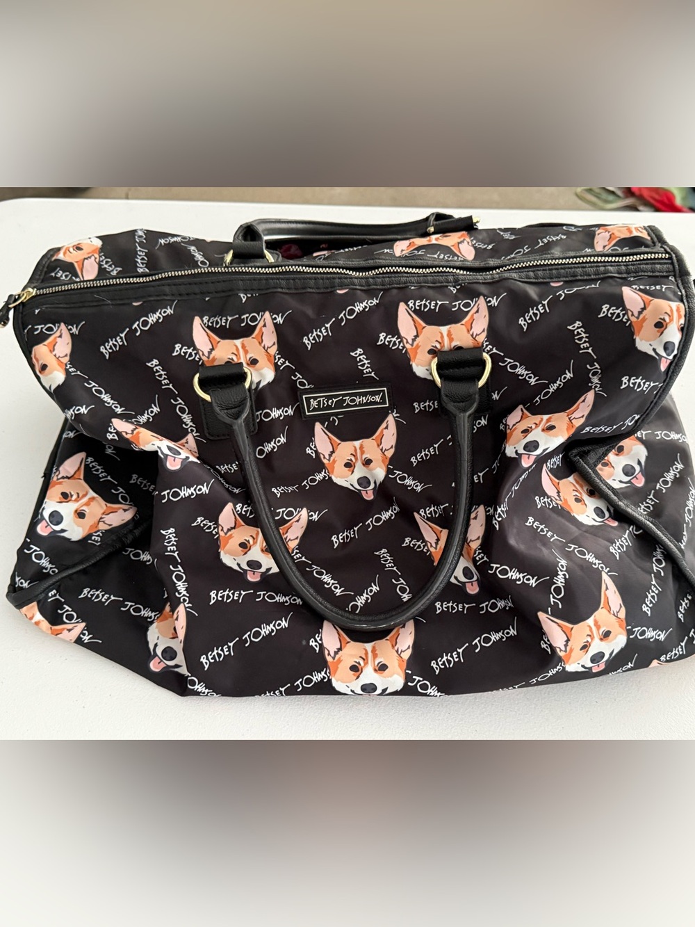 Betsey Johnson Corgi Dog Weekender Travel Tote Bag Black Floral Lining